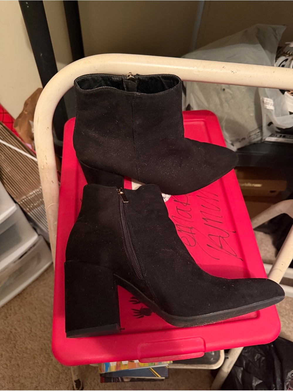 Women's Black Suede Block Heel Ankle Boots With Side Zipper Size 8.5